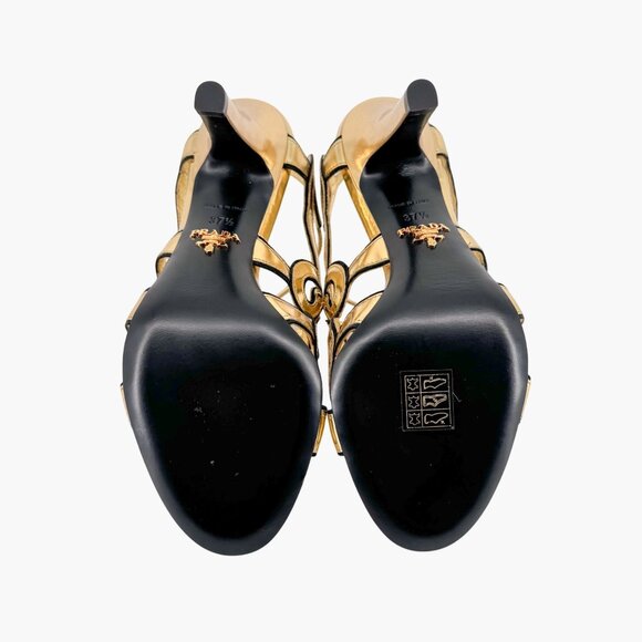 Prada Baroque Gold Caged Sandals Size 37.5 US 7.5 Cutout Metallic Leather Heels - Picture 3 of 15